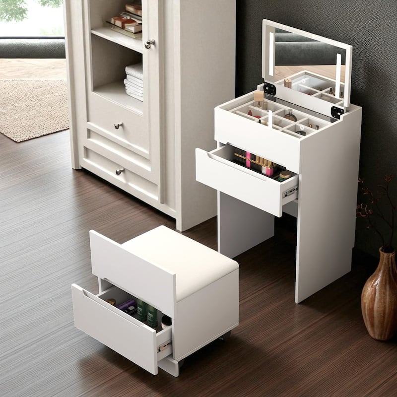 3 in 1 Vanity Desk with Flip Top Mirror, Glass Desktop, 3 Drawers and Cushioned Stool for Small Spaces