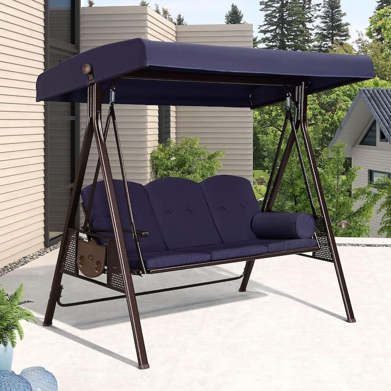 PURPLE LEAF Outdoor Patio Porch Swing with Stand, 3-seat Swing Chair with Adjustable Tilt Canopy All-Weather Steel Frame - Brown Frame - Navy Blue
