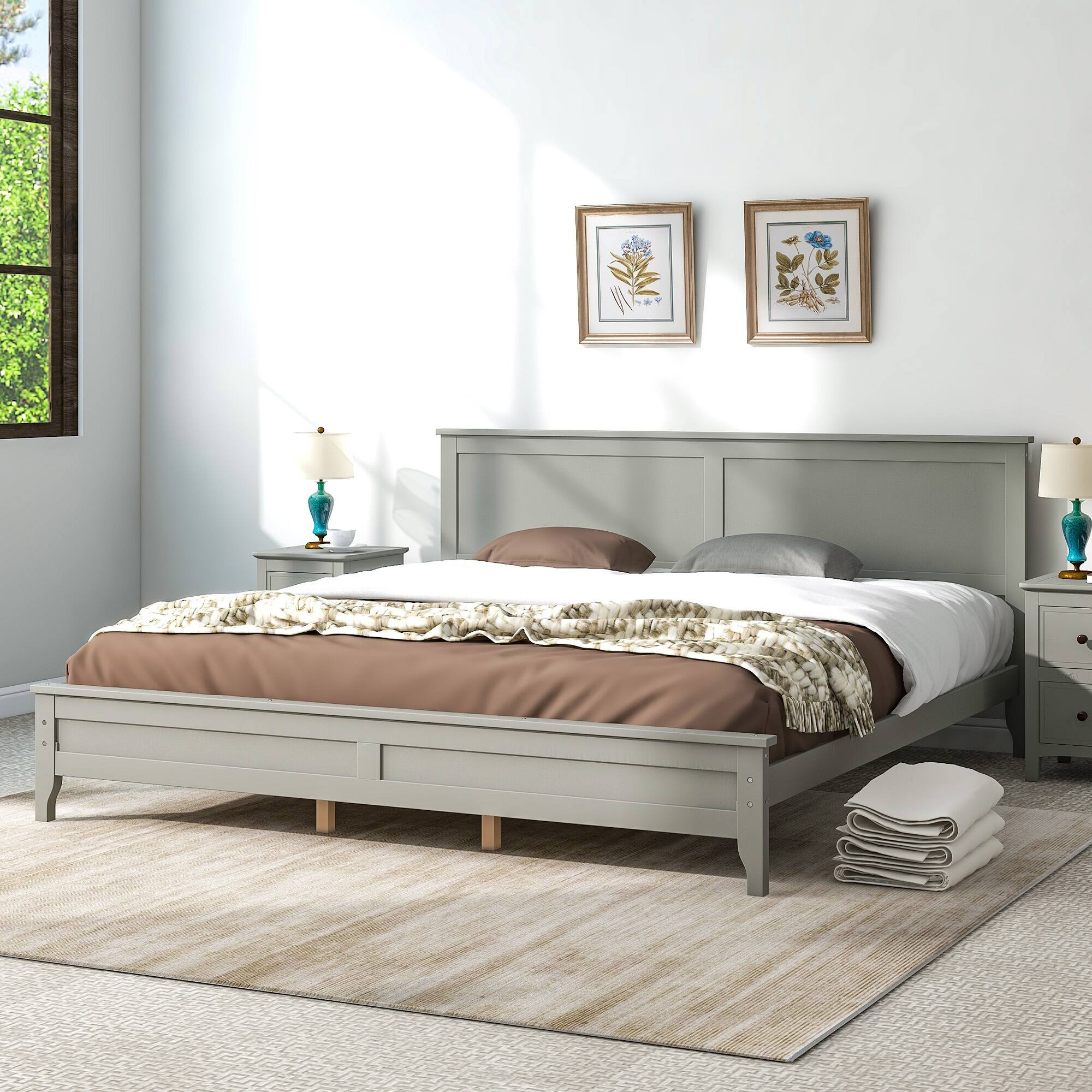 Gray Modern Solid Wood LowProfile King Size White Platform Bed Frame