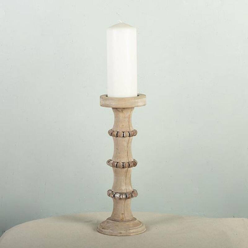 Brown Wood With Beads Column Candle Holder