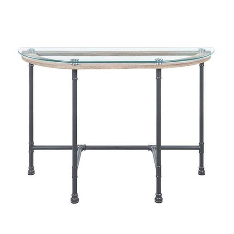 Wood Side Table, Oval Tempered Glass Top, Metal Pipe Style Legs, Clear Glass, Sandy Gray