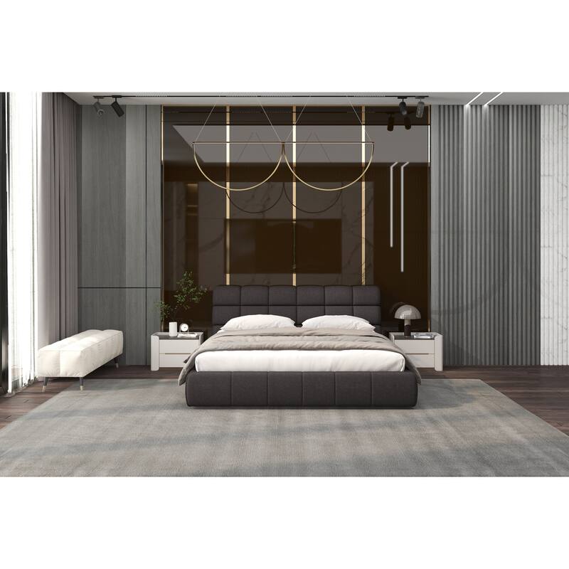 King Size Upholstered Bed - Dark Grey Padded Headboard & Base - Modern Bedroom Furniture