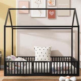 Black Metal Frame Full Size House Bed with Fence and Door