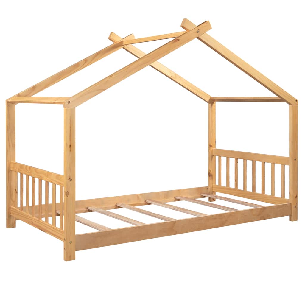 Twin Size House Platform Bed with Roof, Wooden Platform Bed with Headboard & Footboard, Wood Twin Bed Frame for Kids Boys Girls