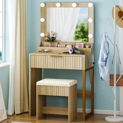 Particle Board Veneered with Textured Melamine, 1-drawer 3-compartment Dressing Table Set with 8 Three-color Dimmable Bulbs
