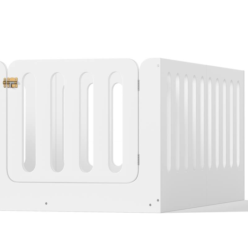 Queen Size Floor Bed with High Fence for Kids, Solid Wood Kids Montessori Bed with Door, No Box Spring Needed Design