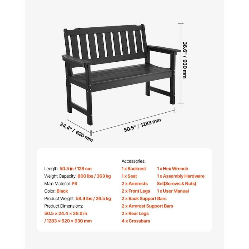 50.5-Inch Black Outdoor Bench with Backrest Armrests for Porch Patio Garden and Backyard Relaxation - 50.5” x 24.4” x 36.6”