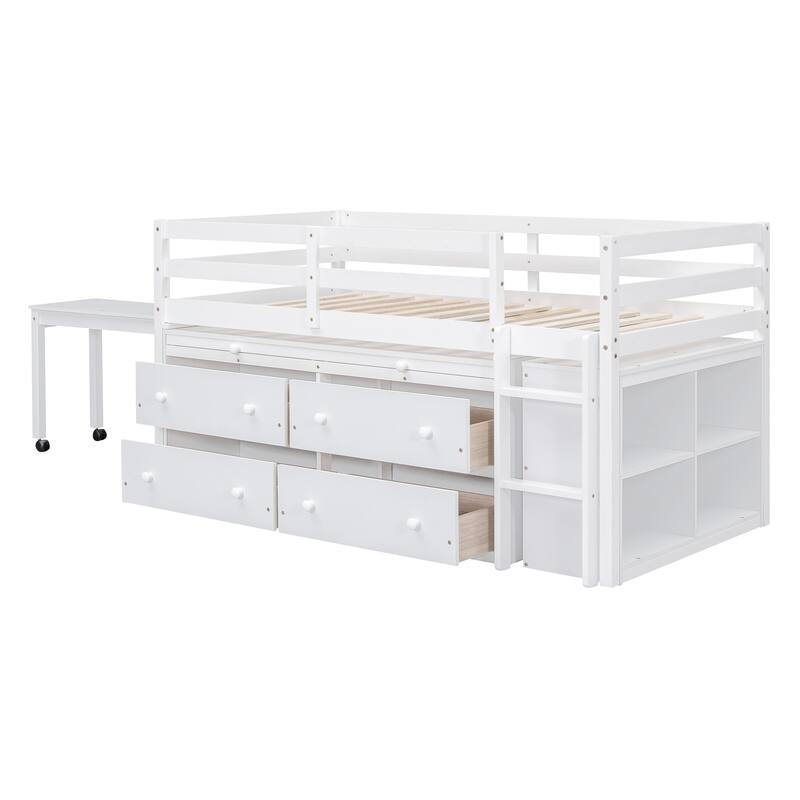 Twin Size Loft Bed with Retractable Writing Desk and 4 Drawers