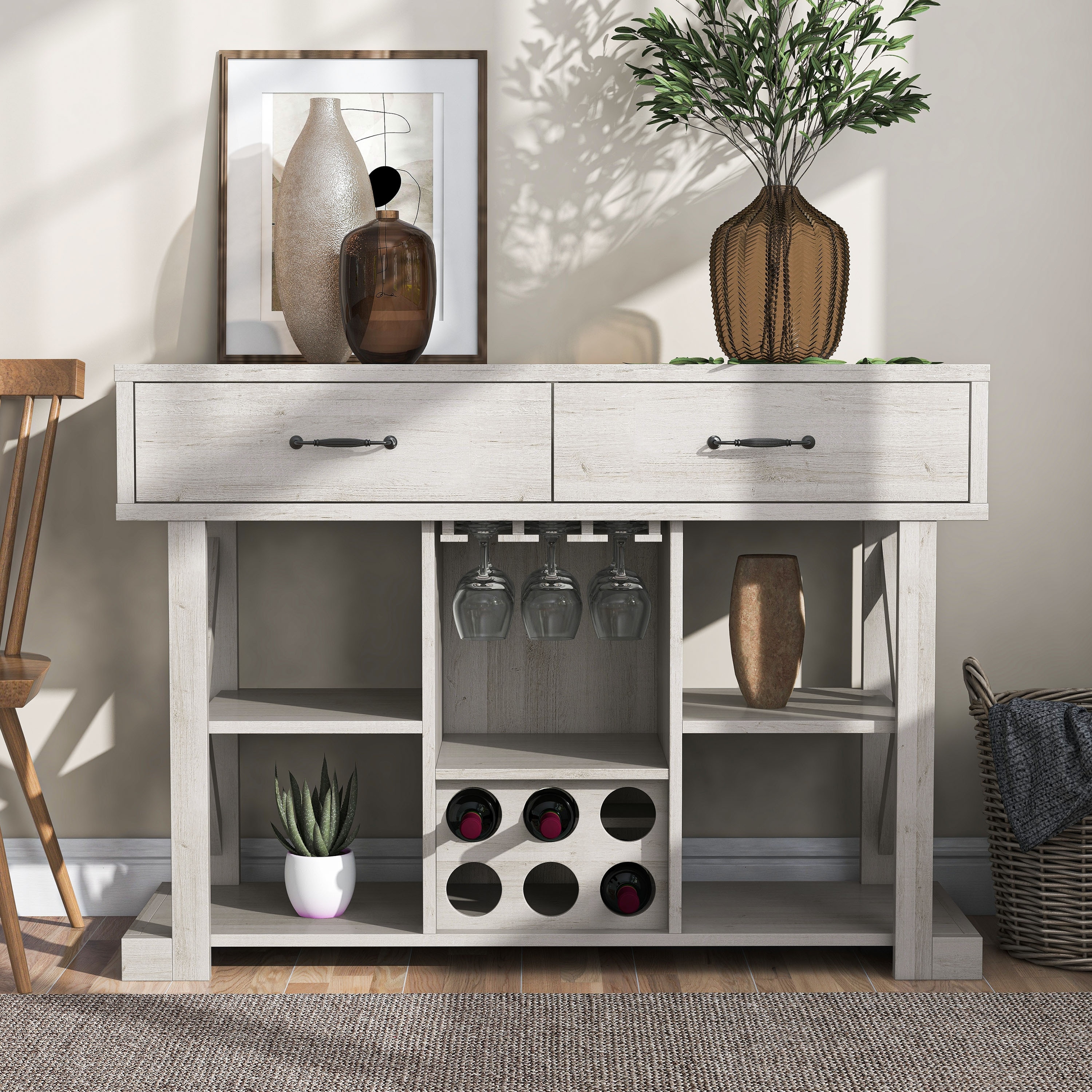 Lowe Modern Farmhouse White Oak 6 Bottle Wine Bar 47 inch Bed