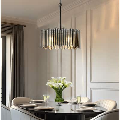 Tifany Modern 4-Light Drum Chandelier Black Glass Island Lights for Dining Room - 15.7'' L x 15.7'' W x 18.9'' H