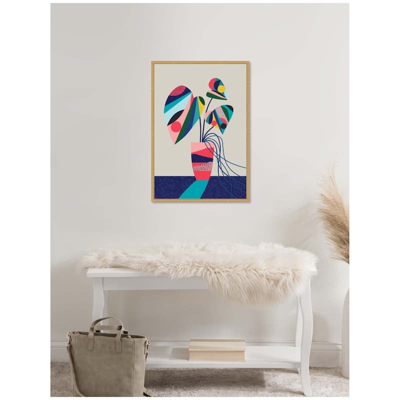 Kate and Laurel Sylvie MCM Blue and Pink Monstera Framed Canvas by Rachel Lee