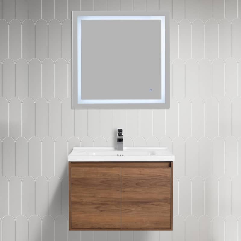 Blossom 28" Wall Mounted Floating Bathroom Vanity with Ceramic Sink - Brown Walnut