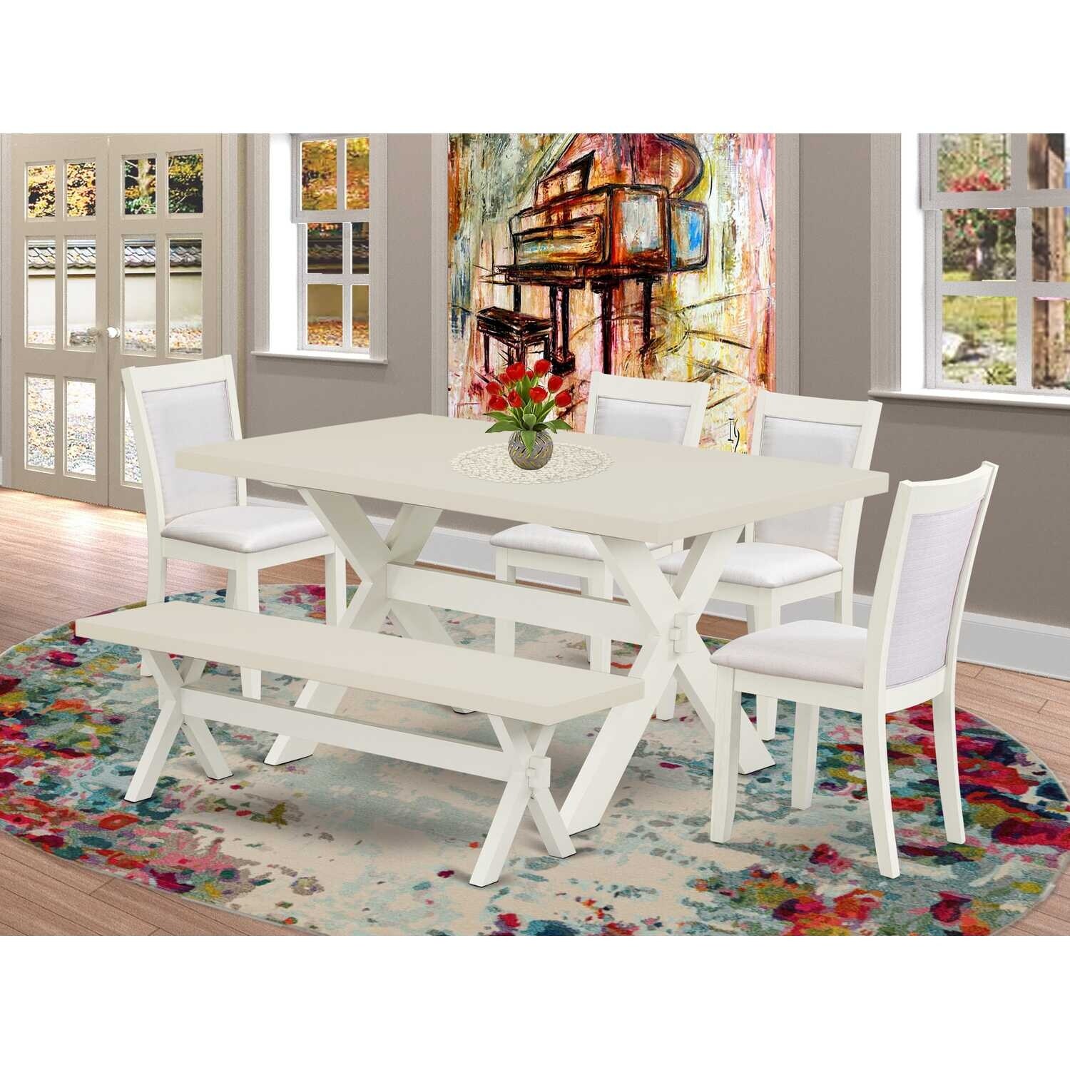 HomeStock 6-Piece Rectangle Wire Brushed Linen White Finish Solid Wood Top Dining Table with 1-Bench, 4-Chairs