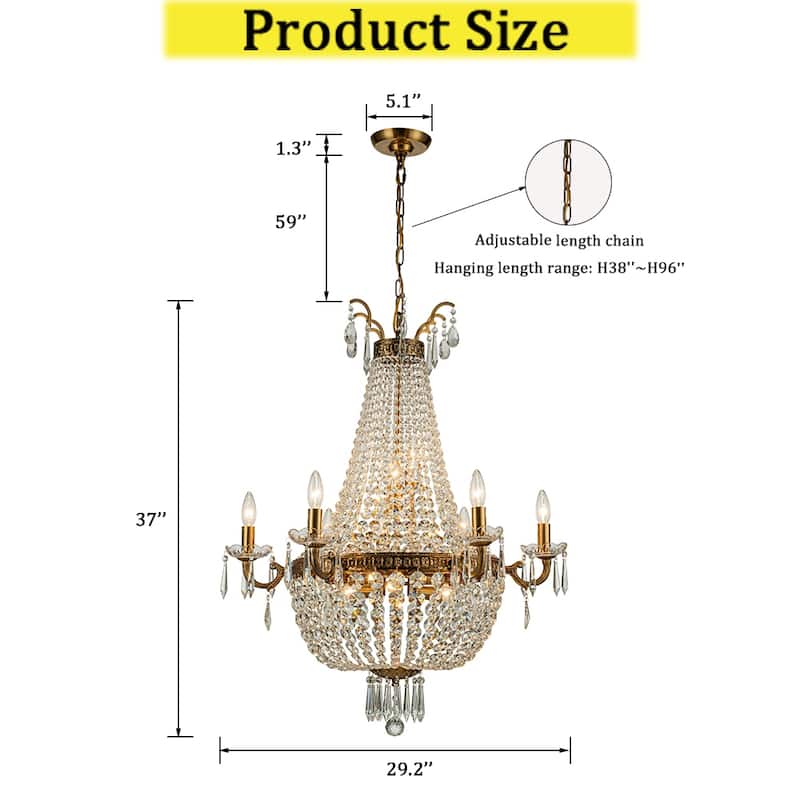 CraftHome Classic Elegance 12-Light Antique Bronze Empire Crystal Candle Chandelier - W30'' × H36"