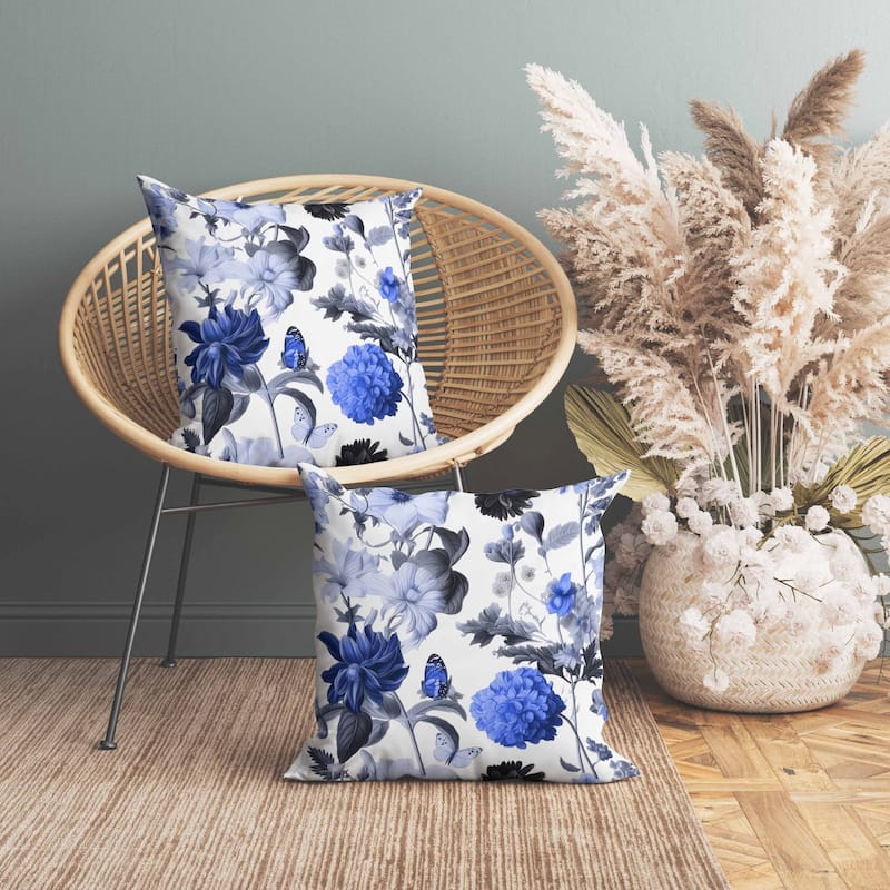 Mixed Flower Delight Indoor/Outdoor Reversible Throw Pillow White and Blue