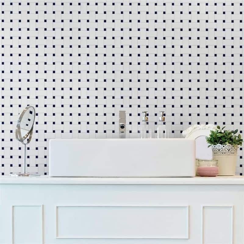 Merola Tile Metro Basketweave White w/ Glossy Cobalt Dot 11-3/4" x 11-3/4" Porcelain Floor and Wall Tile
