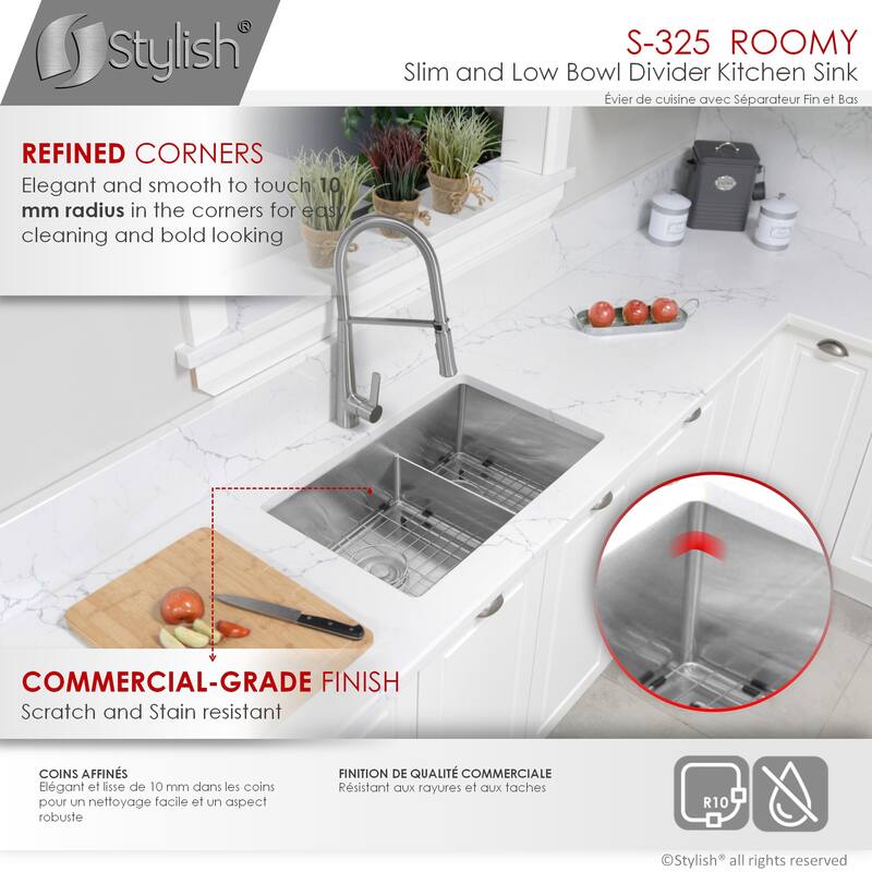 STYLISH 32 L inches x 18 W inches Stainless Steel Double Basin Low Divider Undermount Kitchen Sink with Grids and Strainers