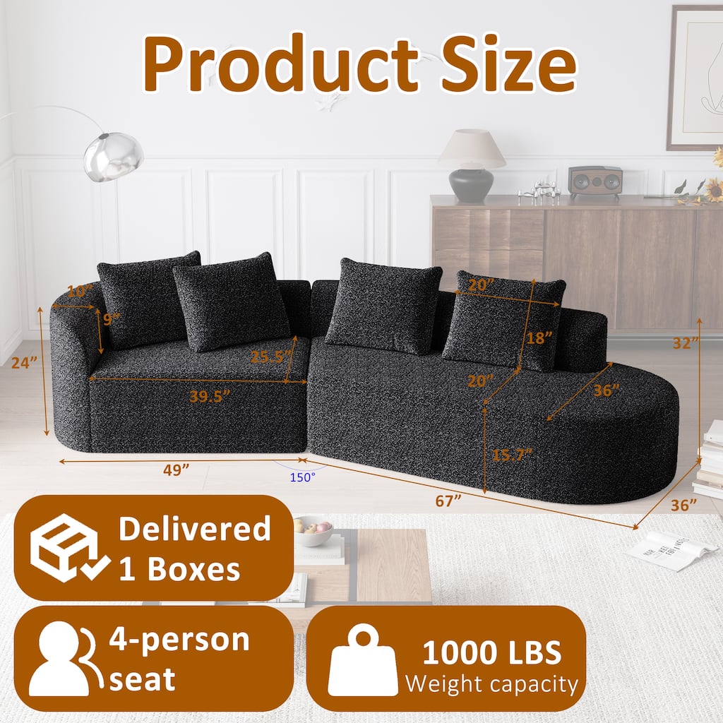 Modular Curved Sectional Sofa, Oversized Chenille Cloud Couch, Compressed Upholstered Sofa with 4 Throw Pillows