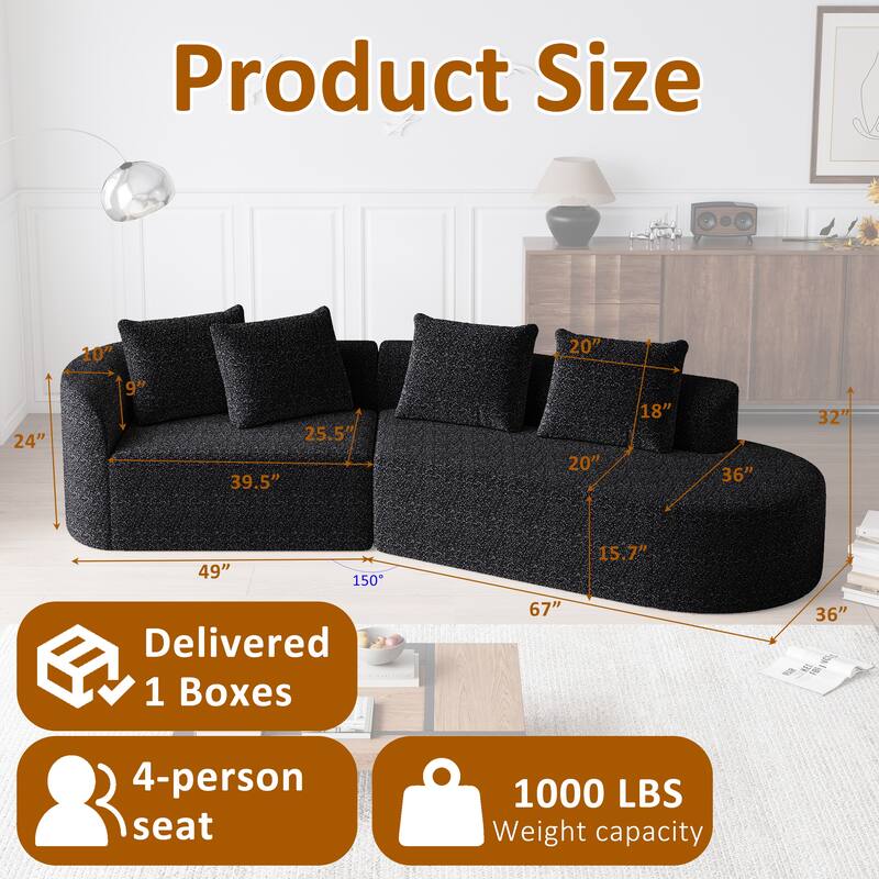 Modular Curved Sectional Sofa, Oversized Chenille Cloud Couch, Compressed Upholstered Sofa with 4 Throw Pillows - Black