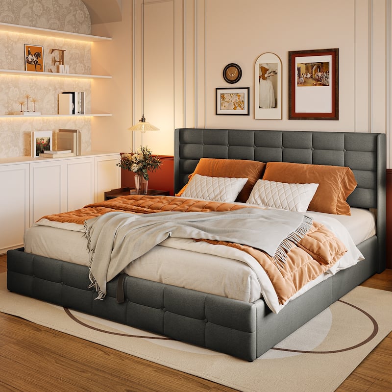 Lift Up Storage Bed Frame, Upholstered Platform Bed Frame with Hydraulic Storage System and Headboard
