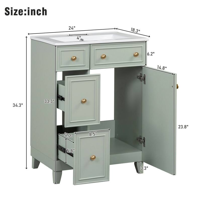 24'' Bathroom Vanity with Ceramic Sink Top, Freestanding Bathroom Vanity Cabinet with 1 Soft Close Door and 2 Storage Drawers