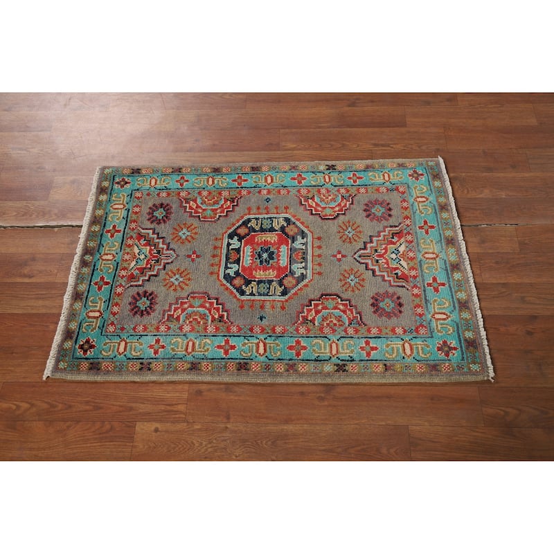 Geometric Kazak Foyer Rug Handmade Traditional Grey Wool Carpet - 2'0" x 3'0"