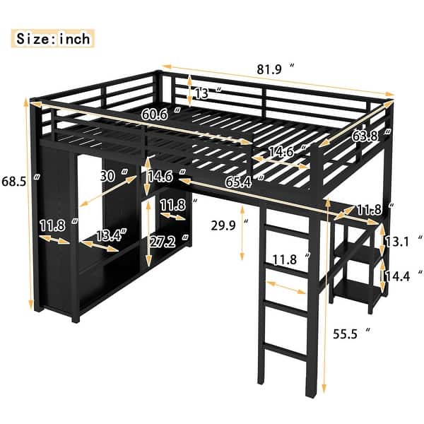 dimension image slide 1 of 4, Loft Bed with Built-in Wardrobe, Desk, and Storage Shelves, Space-Saving Design