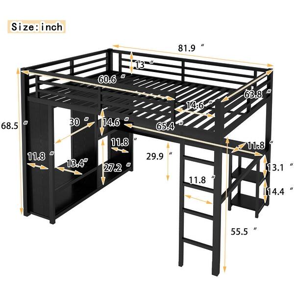 dimension image slide 2 of 3, Metal Loft Bed with Desk and Storage Shelves, TwinXL/FullXL/Queen