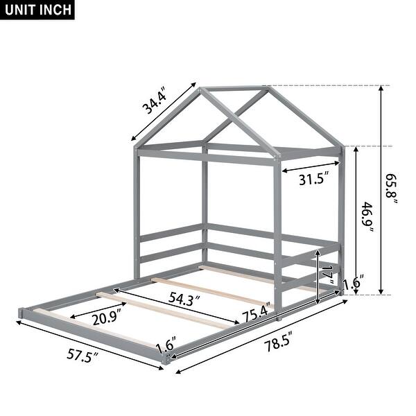 dimension image slide 0 of 2, Wooden Full Size House Kids Bed Frame with Guardrail, Safety Guaranteed, White