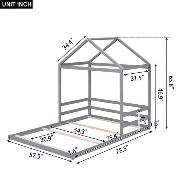 Wooden Full Size House Kids Bed Frame with Guardrail for Fun Sleeping Space, Safety Guaranteed, Easy to Assemble, Grey