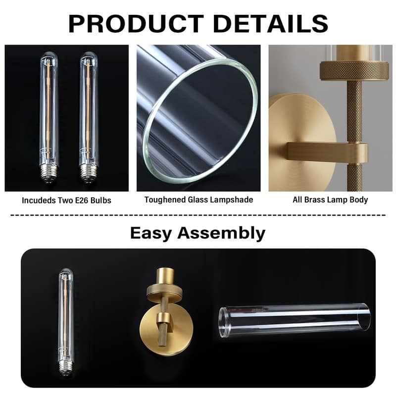 KAYLA Indoor Wall Light, Brass Wall Sconces Lighting Fixture, Bathroom Vanity Wall Sconces, Glass Tube Wall Sconces(2-Sets)