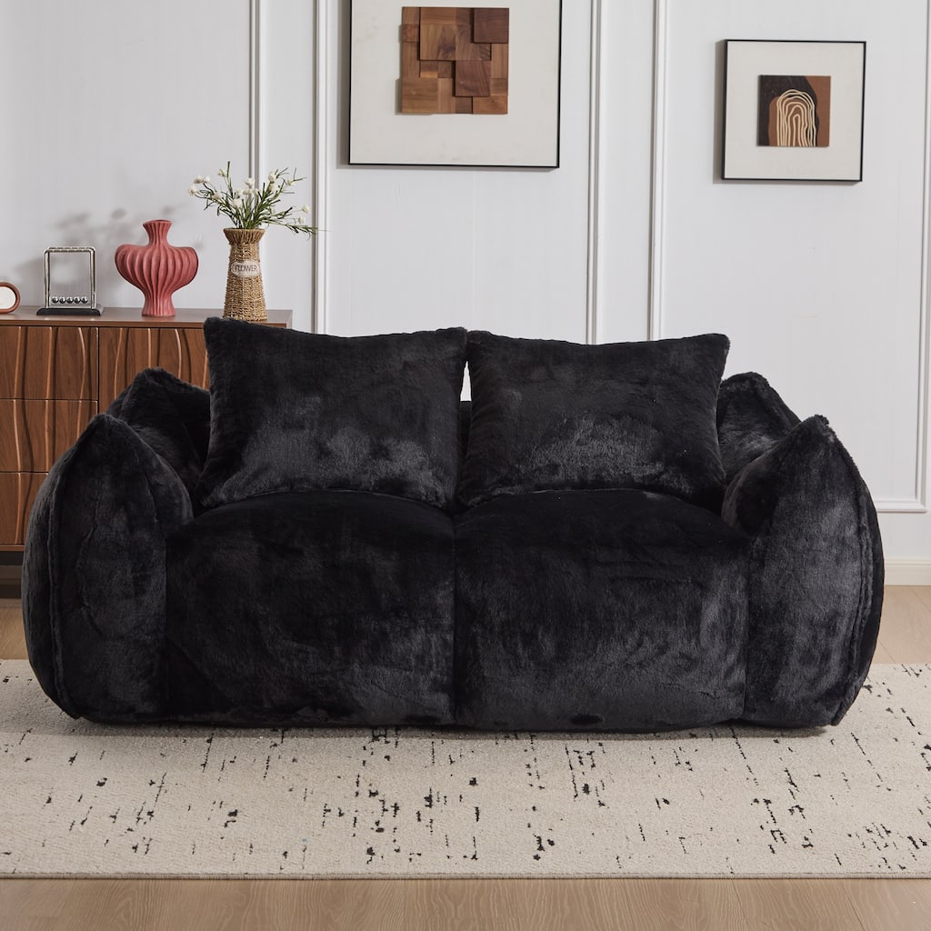 Simple Bean Bag Couch Loveseat Sofa Couch with 2 Pillows, Black Lounge Sofa Couch for Living Room Bedroom