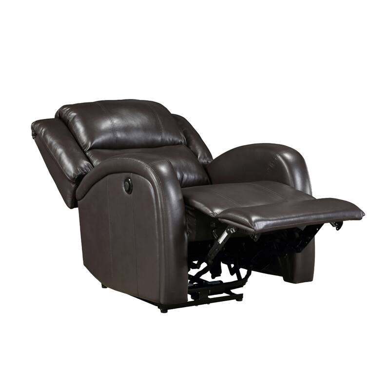 Karena 38 Inch Power Reclining Accent Chair, Brown Faux Leather, Solid Wood
