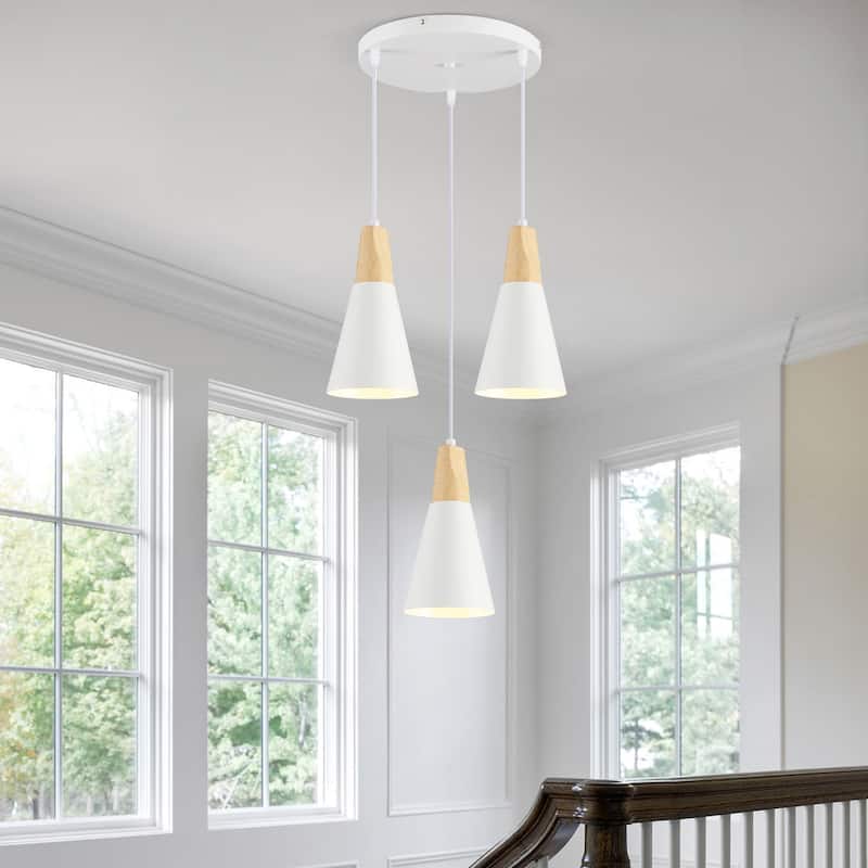 Modern 3-Light Wood Triangle Semi Flush Mount Chandelier, Kitchen Island Pendant Lights for Kitchen Island Dining Room - White