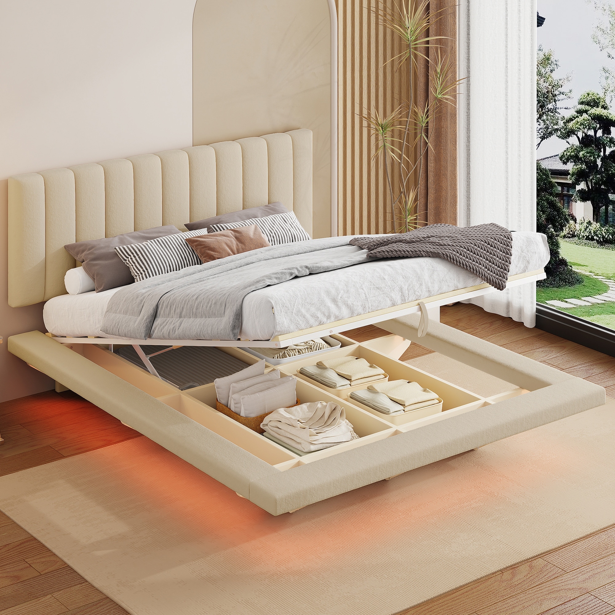 Low Profile Bed Floating Bed Queen Size LED Bed Frame with Velvet Upholstered Headboard and USB Port Storage Underneath