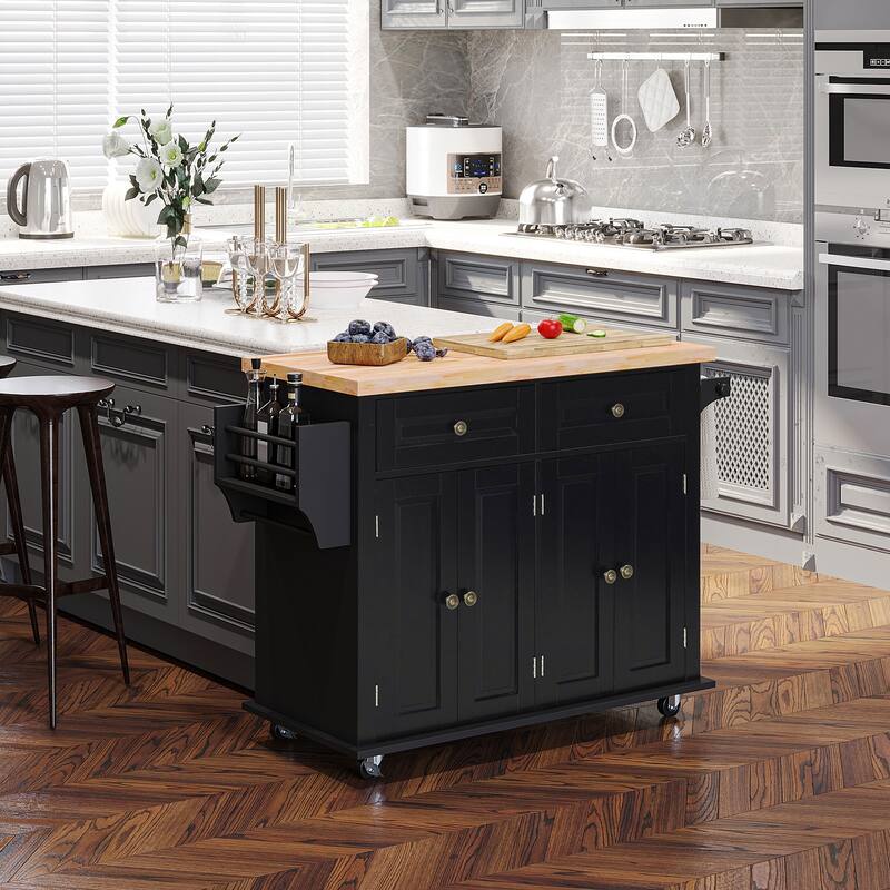 Modern Rolling Kitchen Island Cart With Spice Rack(no include stool)
