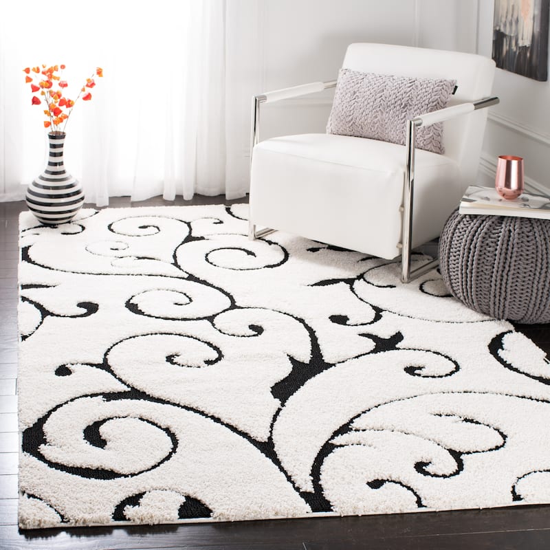 SAFAVIEH Florida Shag Shahin Scroll 1.2-inch Thick Textured Rug - 3' 3" x 5' 3" - Ivory/Black - Runner/Rectangle