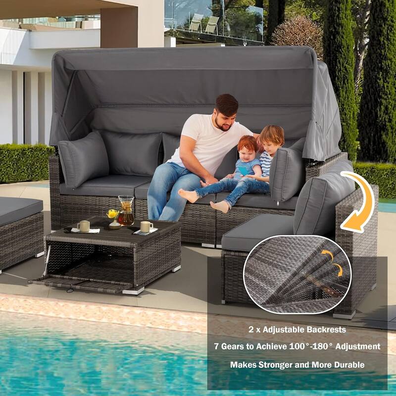 Erommy 6-Piece Patio Set - Rattan Daybed with Canopy & Adjustable Backrest