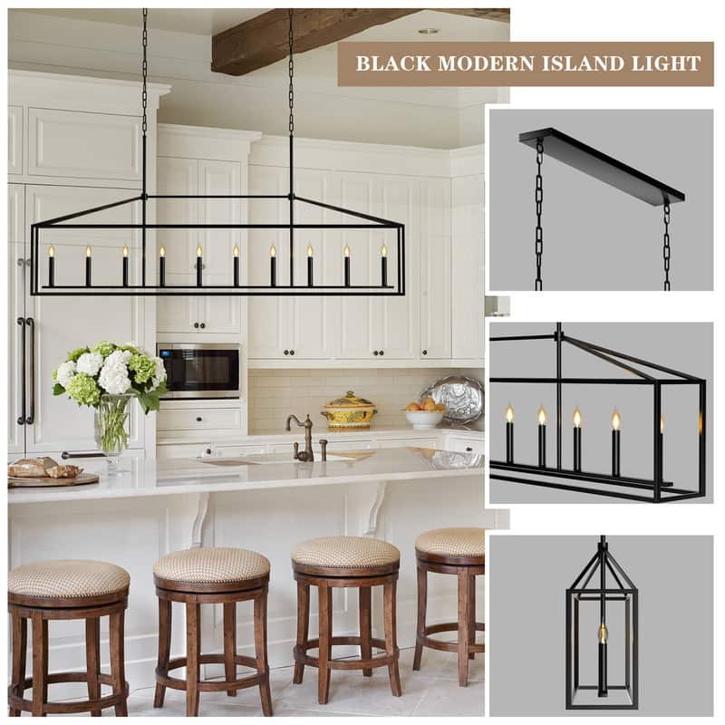 10-Light Large Farmhouse Chandelier Rectangle Kitchen Island Pendant Light Fixture