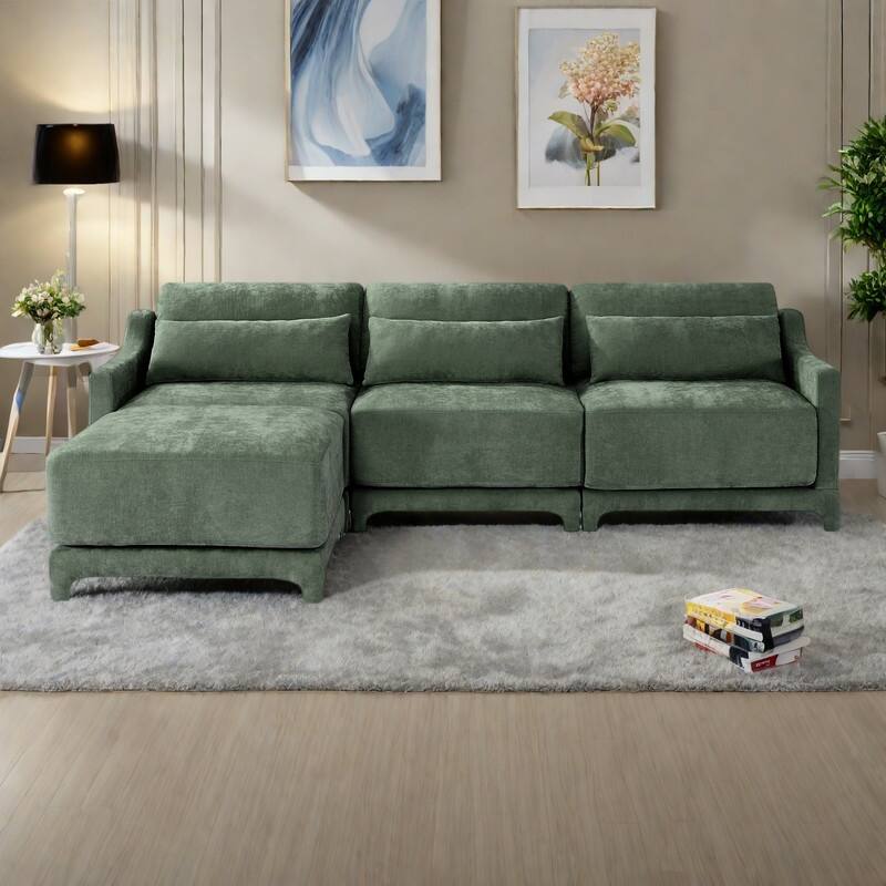105.9" Chenille 3-Seater Sofa with 2 Movable Ottomans, High-Resilience Sponge and Solid Wood Base - Green
