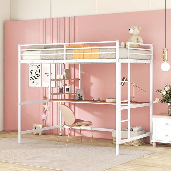 White metal loft bed deals with slide