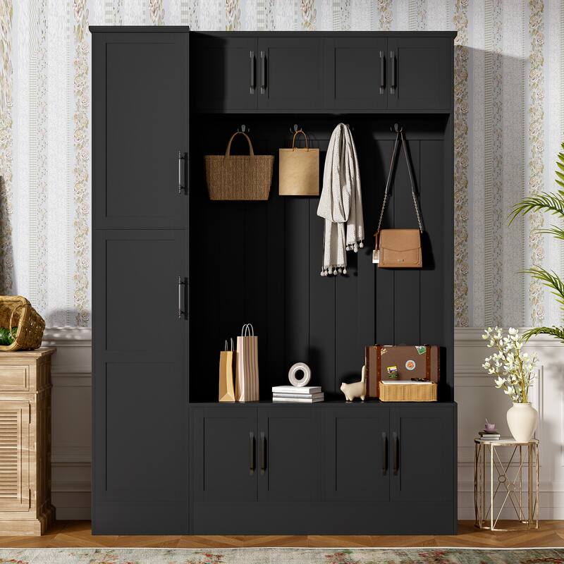 79" Tall Modern Hall Tree with 6 Cabinets, 4 Coat Hooks & Adjustable Shelf - 4-in-1 Entryway Storage Bench