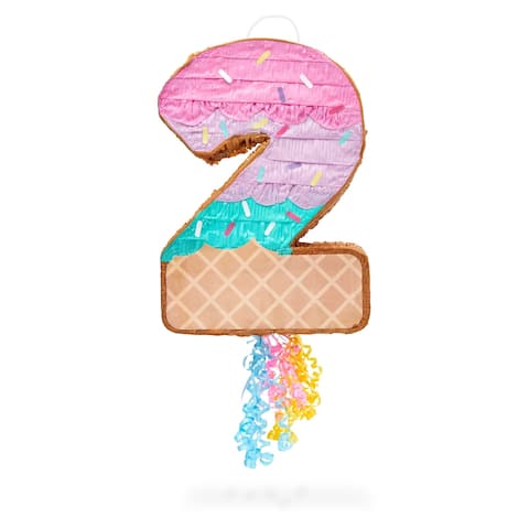 Number 2 Ice Cream Pinata for Two Sweet 2nd Birthday Party, Pull String (13 x 16.5 In)