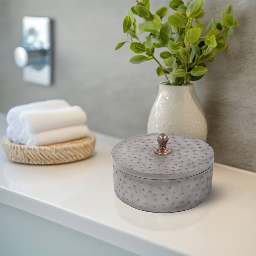 Allan Andrews Round Gray Faux Ostrich Skin Decorative Box, Large - 5H x 8W x 8D