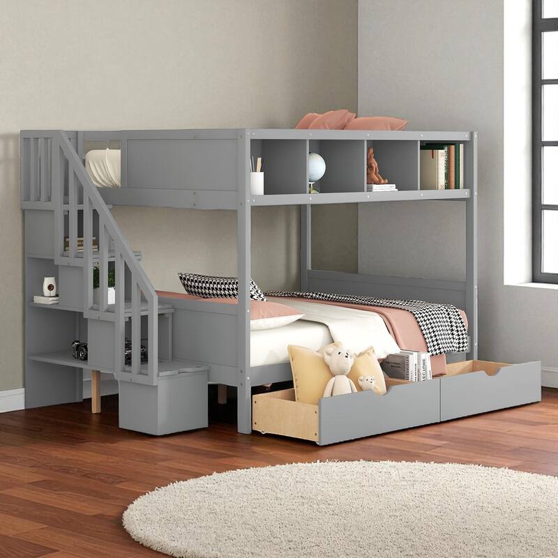 Twin Over Full Bunk Bed with Storage Staircase, Shelves and 2 Drawers, Solid Wood Frame for Kids