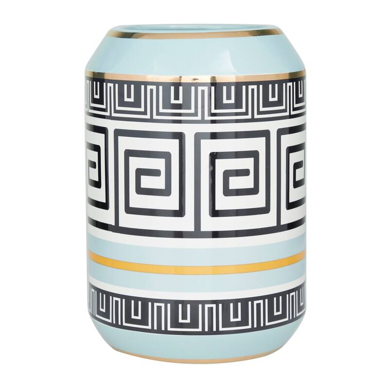 Teal Ceramic Vase Embellished with Greek Knot Pattern