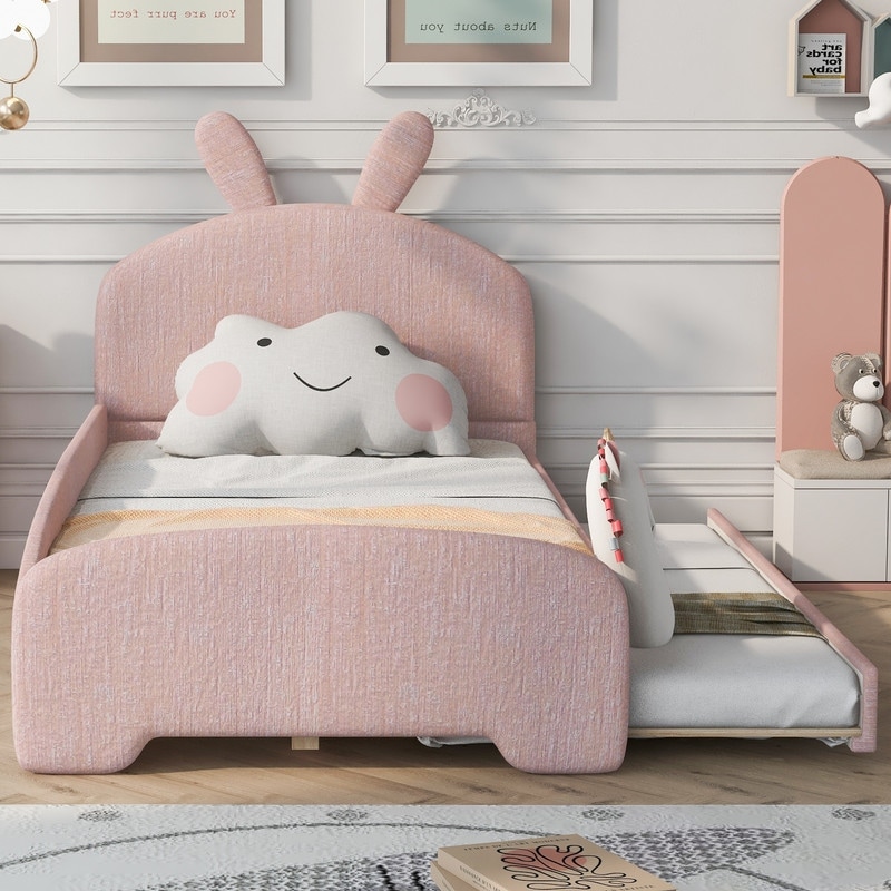 Kids Twin Bed Frame with Cartoon Ears Shaped Headboard Princess