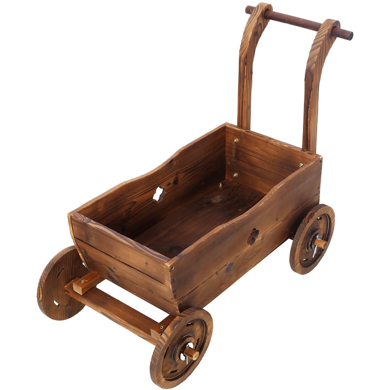 41.4 in. Brown Wood Wagon Outdoor Flower Planter Pot with Wheels for Garden Decor