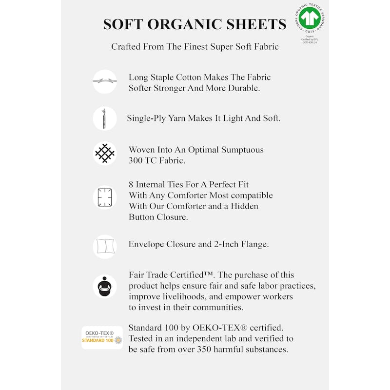 A1HC 100% Organic Cotton Duvet Set, 300 Thread Count 2-Piece GOTS Certified OEKO-TEX Certified, Soft & Silky Sateen Weave