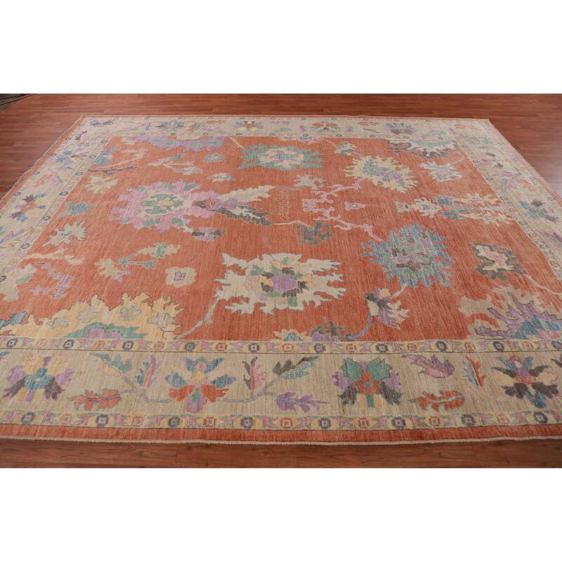 Hand Knotted Oriental 100% Wool Carpet Transitional All-Over Oranges & Rust Oushak Area Rug - 11' 9'' X 9' 4''